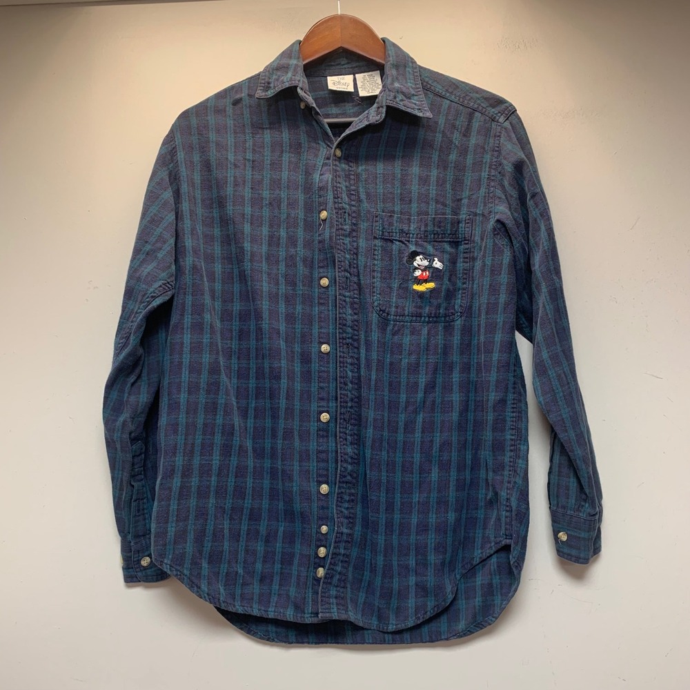 Disney Store Flannel Shirt Mens Small Blue Plaid Mickey Mouse Vintage Excellent